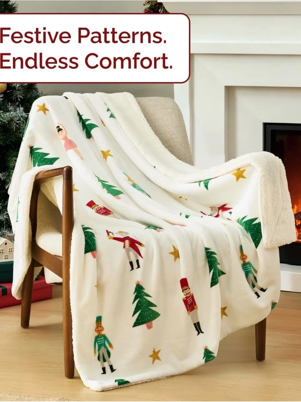 White Holiday The Nutcracker Sherpa Throw Blanket. Size 50”x 60”.